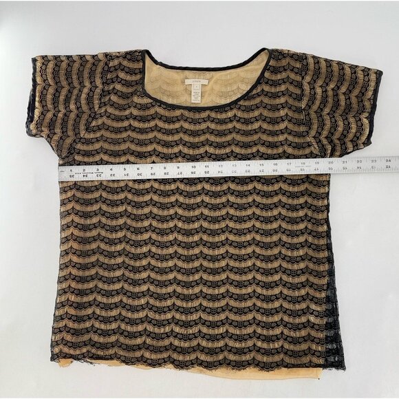 J.Crew Factory Black & Beige‎ Lace Overlay Blouse Short Sleeve Shirt Nylon Sz Sm - Picture 9 of 9